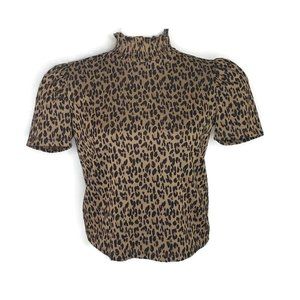 Zara Leopard Print Crop Top Blouse Short Sleeve Turtle Neck Large